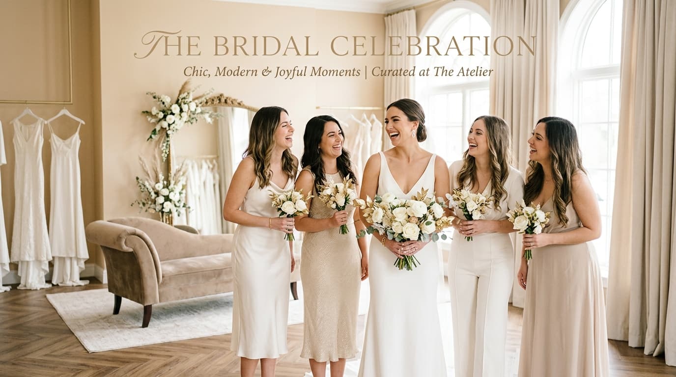 Joyful bride and bridal party celebrating in personalized wedding apparel
