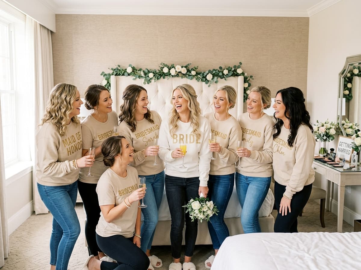 Picture of bride and crew wearing matching bridal party sweatshirts and tees