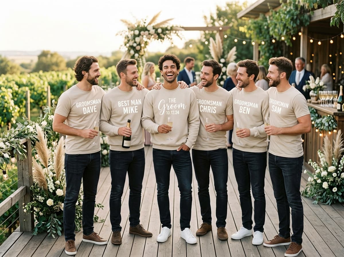 Picture of Groom and his crew smiling in coordinated wedding party shirts