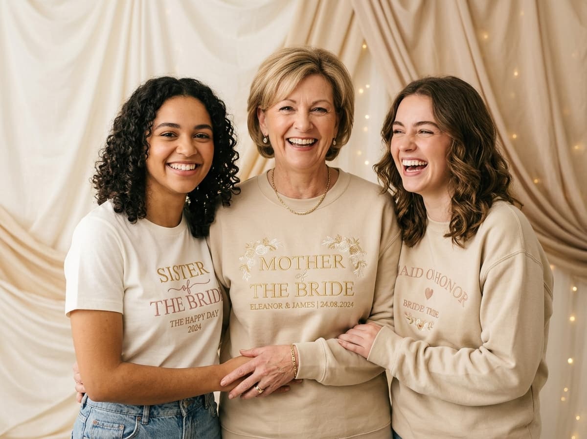 Picture of mother of the bride and proud family members in personalized wedding tees